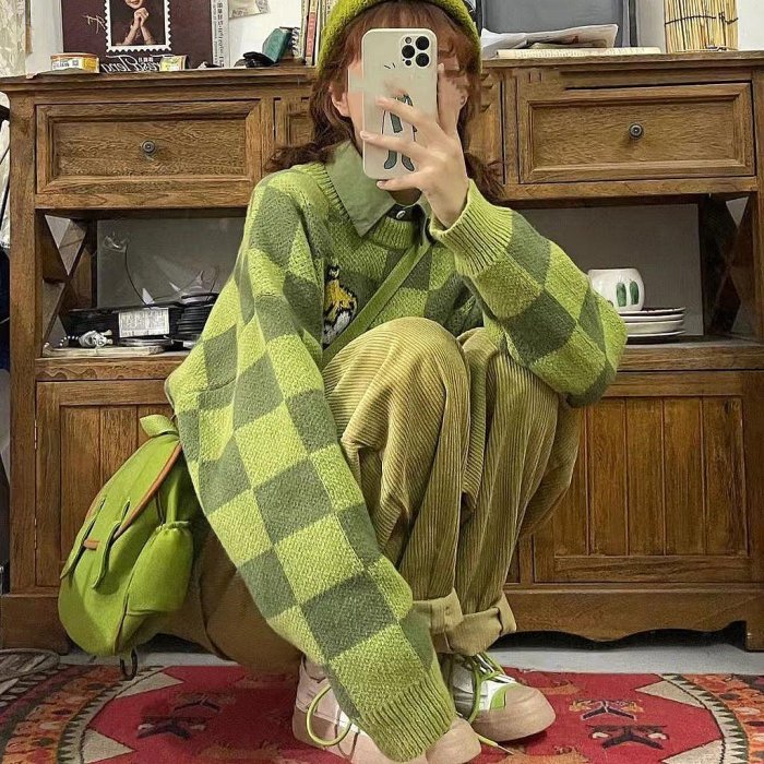 熱賣 潮流 新款 套裝/單件秋季日系學生女寬鬆綠色襯衫+嘻哈毛衣+寬褲三件式