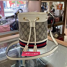 ☆最愛二手精品☆ GUCCI PVC MINI 迷你白色皮革拼藍紅藍條紋流蘇抽繩束口斜背包水桶包 550620 Ophidia C4234