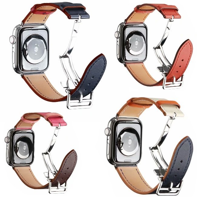 Apple Watch錶帶 蝴蝶扣 愛馬仕真皮錶帶(送保護貼+保護殼)4代 牛皮 Iwatch 替換帶 皮革錶帶4044