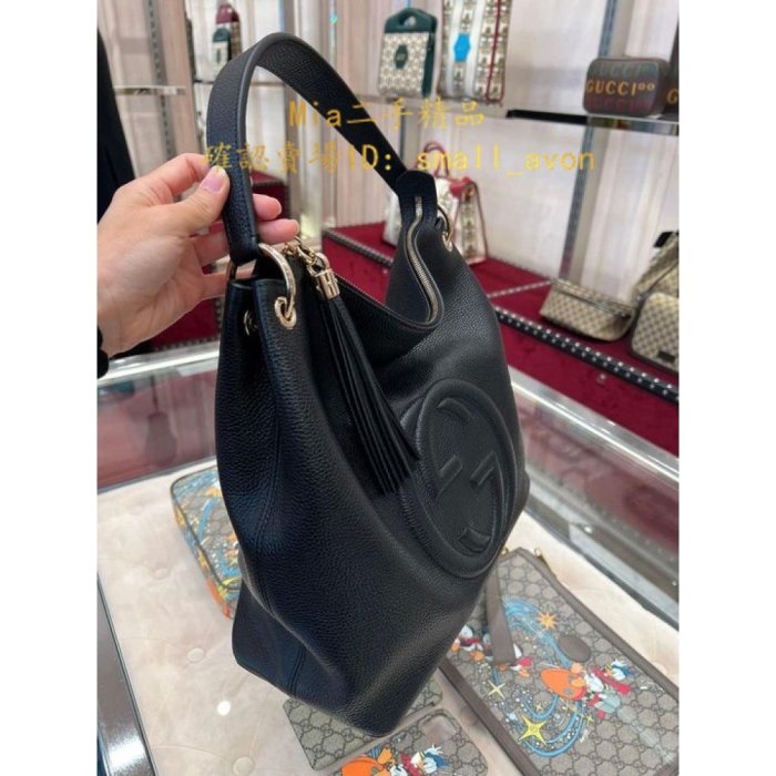 【二手正品】GUCCI 古馳 流蘇 牛皮 肩背/斜背 兩用包 536194 A7M0G 雙G大壓紋托特包 黑色 奶茶色