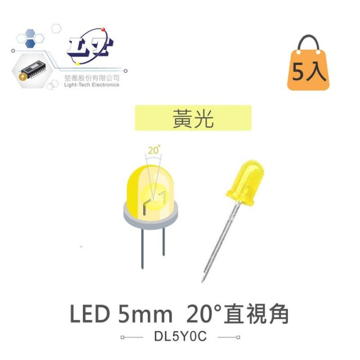 『聯騰．堃喬』LED 5mm 黃光 20°直視角 黃色膠面 發光二極體 5入裝/包