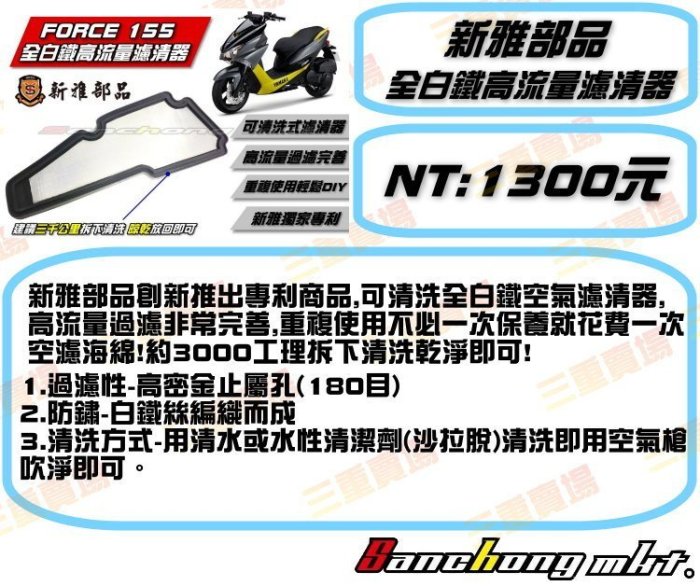 三重賣場 新雅部品 FORCE/SMAX專用 全白鐵高流量濾清器 可清洗重複使用 非空濾海綿 高流量海綿 全海綿