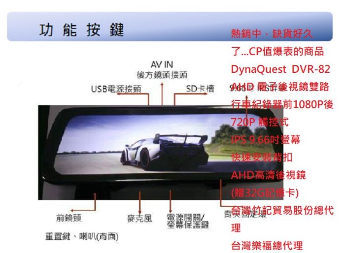 DynaQuest  DVR-82  AHD 電子後視鏡雙路前後行車紀錄器觸控式1080P  IPS 9.6吋