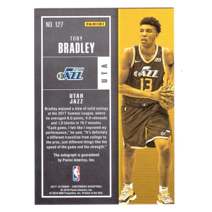 (RC) 雷霆核心 Tony Bradley 球票Contenders Rookie Ticket版限量125張新人RC卡面簽名卡 2017-18