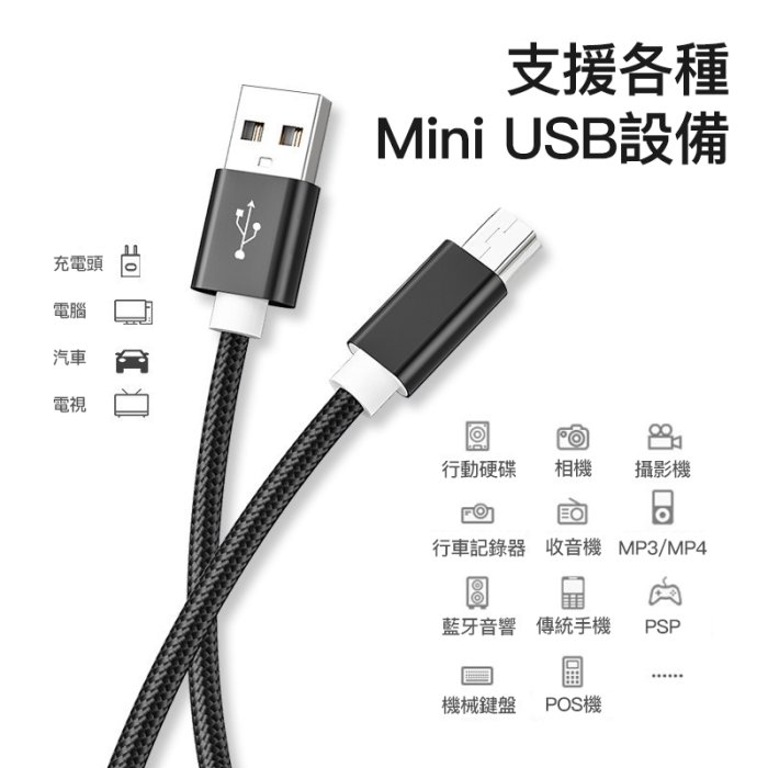 【易控王】1m USB轉Mini USB轉接線 編織線身 適用硬碟/攝影機 (60-009)