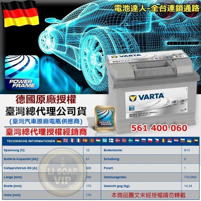 【電池達人】VARTA D21 德國進口 華達電池 汽車電瓶 55566 56219 55421 55547 福特 福斯