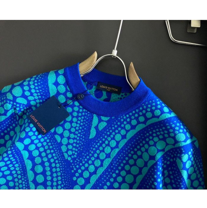 法國精品Louis Vuitton LV草間彌生聯名藍色波點短袖針織衫 代購