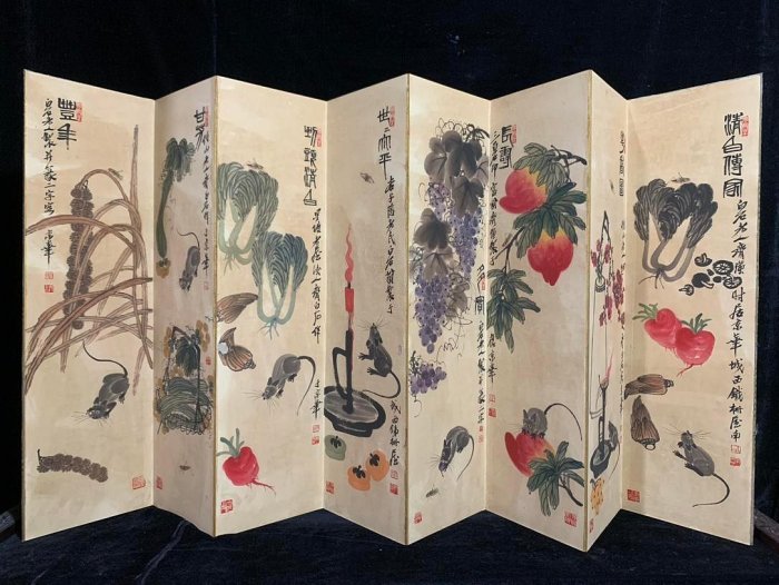 高仿名人名家精品冊頁屏風《齊白石 玩鼠小趣》屏：130 尺寸：全長201cm，本長89.5*25240 古玩雜項【古鎮街坊】