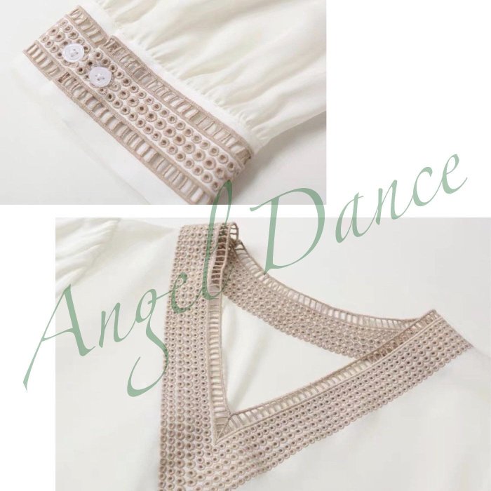 *Angel  Dance*雪紡五分袖上衣(白色)@韓國 法式 時尚氣質 V領 緞面雪紡 鏤空繡花 白襯衫@現貨+預購