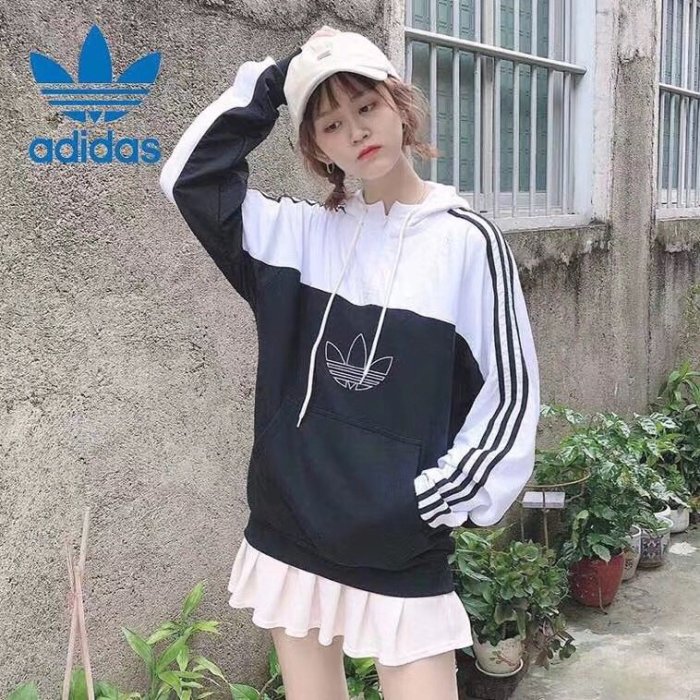 免運 ADIDAS 連帽 LOGO 圖騰 長袖 潮流 經典 復古 時尚 休閒 拚色 黑 白 情侶【GLORIOUS代購】