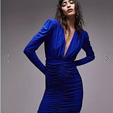 (嫻嫻屋) 英國ASOS-Topshop 藍色深V領長袖抓皺裙洋裝 EI23