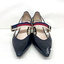 遠麗精品(桃園店) C0879 Gucci黑色皮革拼三色鞋帶竹節跟鞋