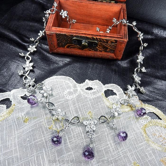 珍珠林~紫色水晶切角珠巴洛克晶鑽鏈組~免費附贈耳環~蘇聯鋯石鑲嵌#068+14