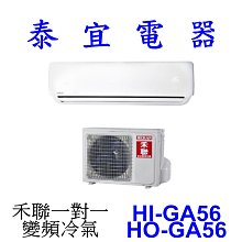 【泰宜電器】HERAN 禾聯 HI-GA56 / HO-GA56 一對一 變頻冷氣【另有 RAC-50JP 】