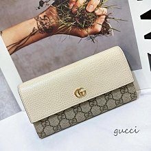 二手旗艦 GUCCI 奶油白色 咖啡色 PVC 金色雙G 釦式 12卡 長夾 皮夾(中友店)