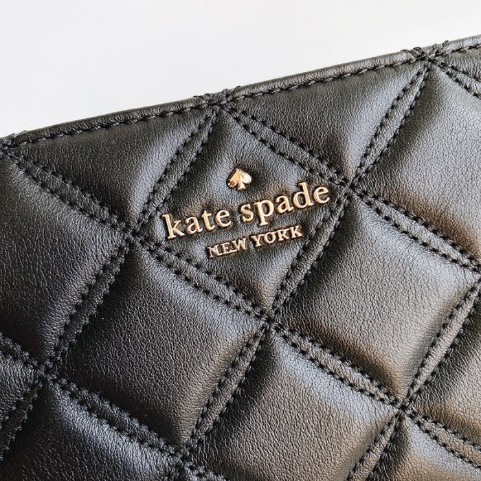 美國百分百【全新真品】Kate Spade 皮夾 中夾 菱格紋 皮革 零錢包 精品 黑色 CD06