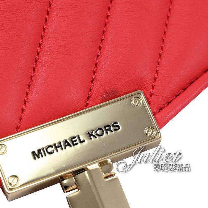 【茱麗葉精品】全新商品 MICHAEL KORS Rose 斜格紋小香風壓扣翻蓋鍊包.珊瑚紅(買就送) 現貨