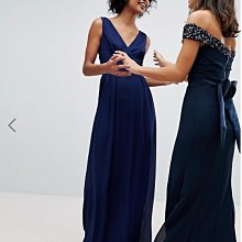 (嫻嫻屋) 英國ASOS-TFNC優雅時尚名媛藍色V領V背露美背綁帶長裙長禮服洋裝現貨UK10
