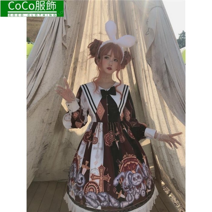 崩壞兔偶情侶款lolita長袖op哥特風暗黑系蘿莉塔洋裝~CoCo服飾