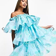 (嫻嫻屋) 英國ASOS-Forever Unique藍色花卉一字領分層裙洋裝禮服EF23
