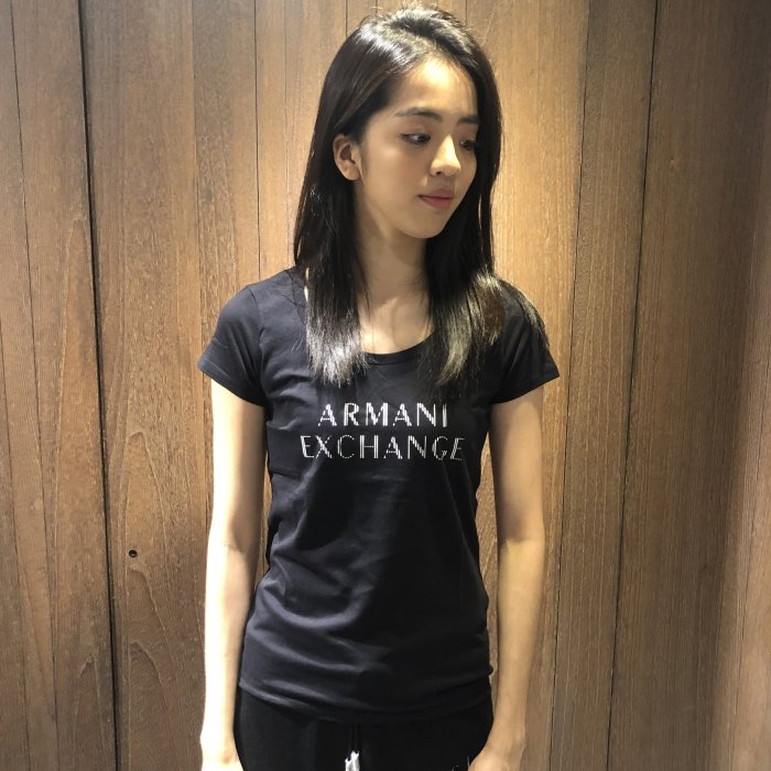 美國百分百【Armani Exchange】T恤 AX 短袖 logo 上衣 T-shirt 設計 黑色 女 H658