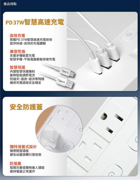 【太星電工】速充寶PD37W四開三插快充滑蓋電腦線/3P 6尺 OCQ43306