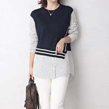 歐單 新款 精緻休閒 撞色羊毛針織拼接純棉條紋 寬鬆廓型 假兩件式長袖襯衫上衣 兩色 (L1023)