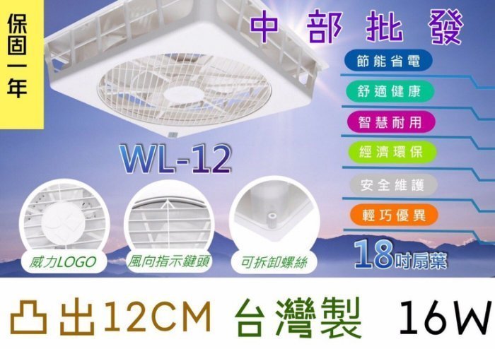 『中部批發』威力 18吋WL-RA16W(WL-12) 節能扇輕鋼架專用電扇 小吃店 醫院 排風機 天花板循環扇 通風機