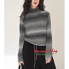 VENESSA~ 歐單 CO 新款 氣質暈染漸層色調 女の灰色條紋高領針織衫毛衣 (V1478)