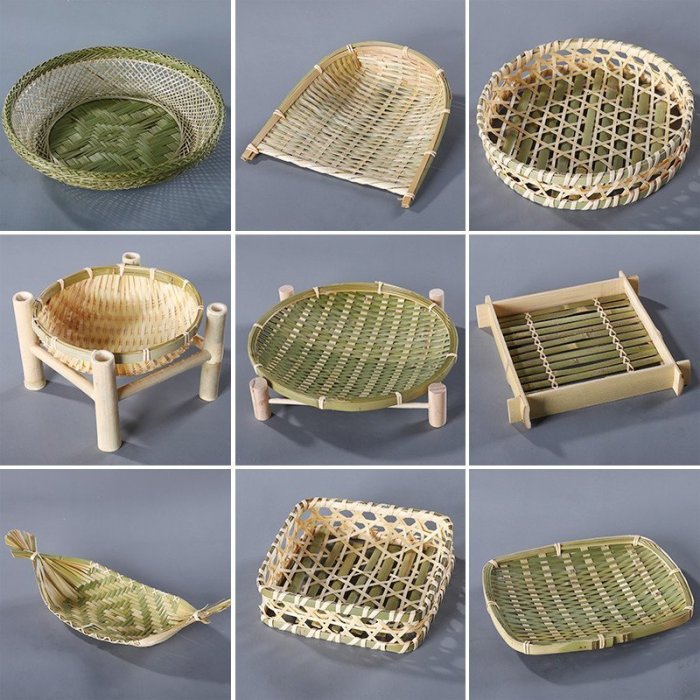 現貨熱銷-竹編製品 子客廳裝飾手工竹籃子創意竹制品竹簸箕 竹青果盤(30cm)+底座