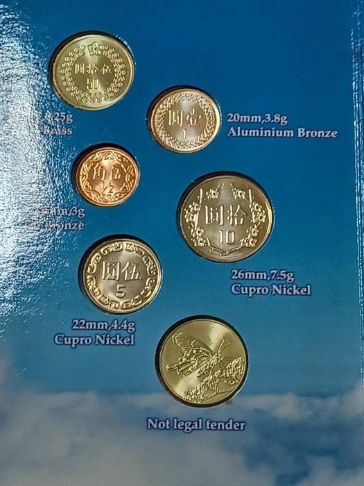 民國84年中央造幣廠UNC新台幣硬幣套裝組合，共6枚 錢幣和主題章，含1枚84年50圓鎳銅幣。
