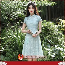 新款蕾絲短款日常旗袍改良版年輕少女款修身復古中國風連衣裙-亮點(綠意)-水水女人國