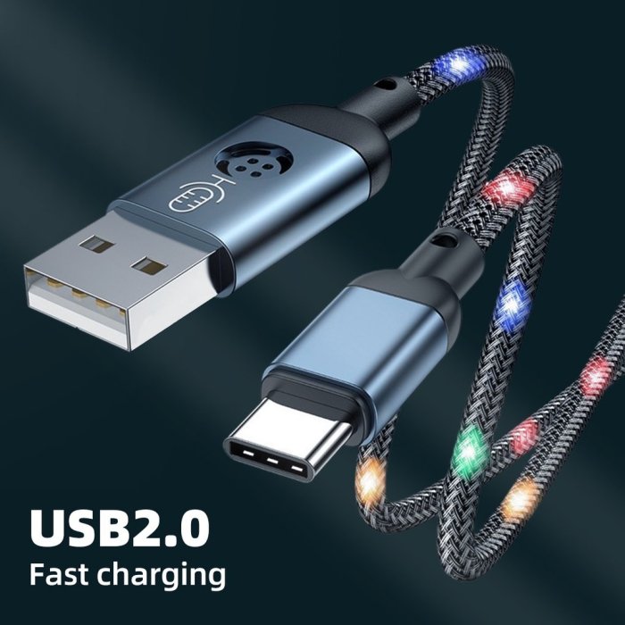 Fonken 語音控制 USB 充電線 USB 轉 Type C/IOS 快速充電線閃光燈 LED 線數據傳輸線-極巧