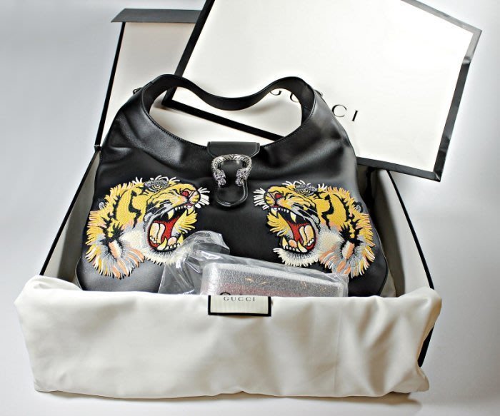 【桑園の】 GUCCI 酒神系列 中國風 限量款 老虎刺繡 HOBO包 手提包 盒裝美品 SS 6143