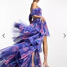 (嫻嫻屋) 英國ASOS-Lace & Beads花卉圖案方領抓皺分層長短長裙洋裝禮服EE23