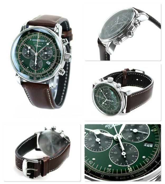 ZEPPELIN 齊柏林飛船 ZE7686-4 手錶 42mm 100周年 日本限定 綠面盤 深棕色皮錶帶 男錶女錶