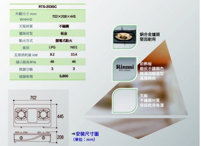 魔法廚房 林內牌 RTS-203SC銅爐頭桌上型不銹鋼瓦斯爐-全新原廠保固公司貨  自取價