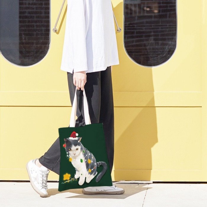 【預購】可愛帆布袋/手提袋/帆布包/絲絨布-聖誕節的調皮聖誕貓-大尺寸40X35cm【Bag School】
