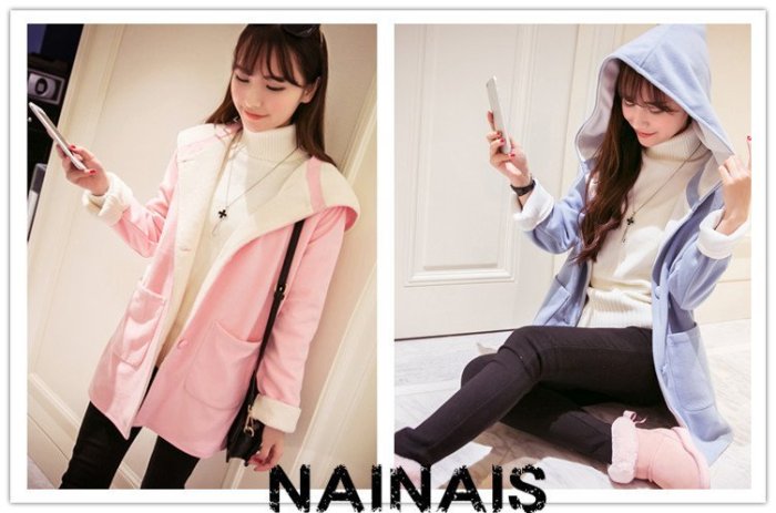 【NAINAIS】A 1185 韓版 粉嫩嫩毛絨長版連帽毛呢外套 粉色現貨