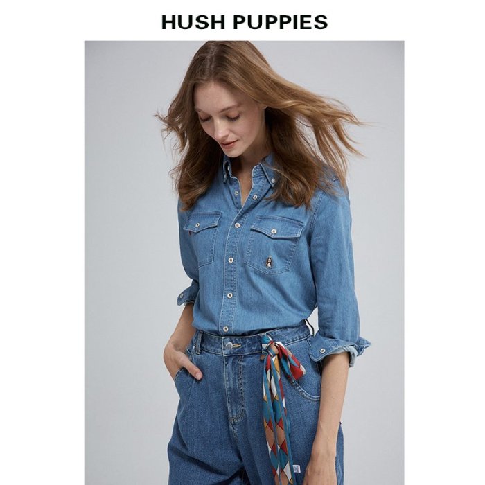 【熱賣精選】Hush Puppies暇步士女裝2022春季襯衣休閑寬松復古牛仔襯衫短外套