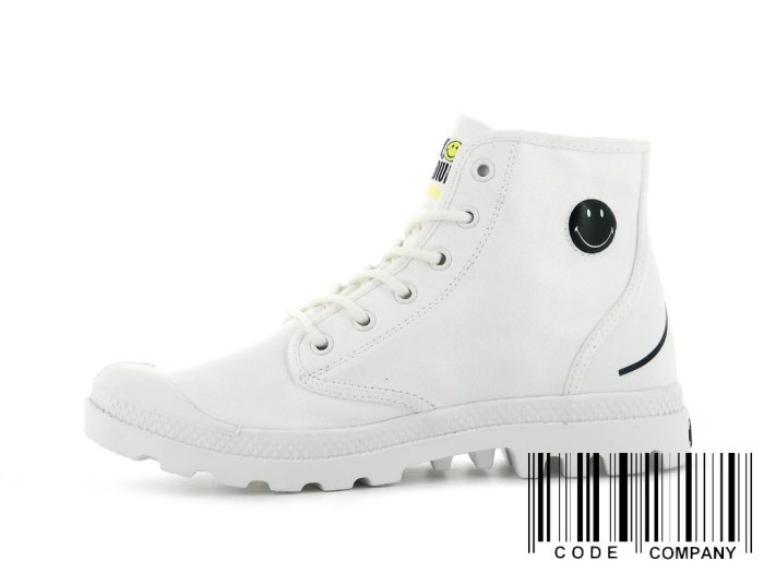 =CodE= PALLADIUM PAMPA HI BE KIND SMILEY 微笑聯名軍靴(白)77079-116男