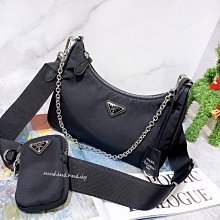 二手旗艦 Prada 黑色 尼龍 HOBO 上拉鍊 三合一 斜跨鏈條包 肩背包 (中友店)