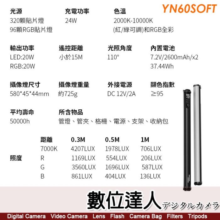 【數位達人】永諾 Yongnuo YN60 SOFT 光棒 RGB補光燈 LED手持 管燈 光劍 攝影