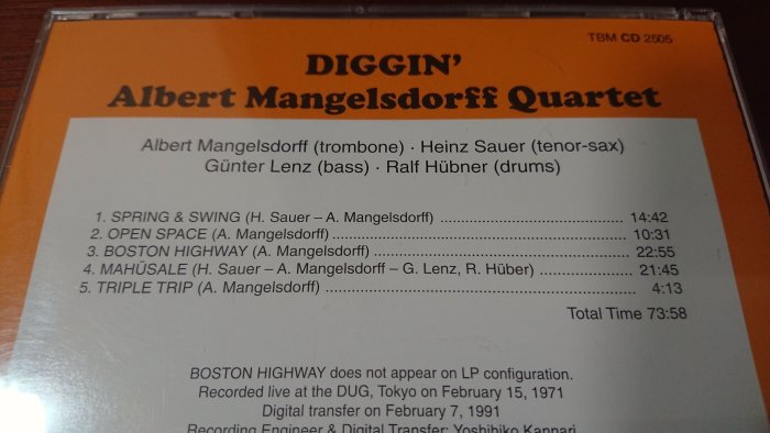 DIGGIN' Albert Mangelsdorff Quartet 超級經典發燒錄音盤1971live at DUG,Tokyo三盲鼠CD早期西德小字版如新