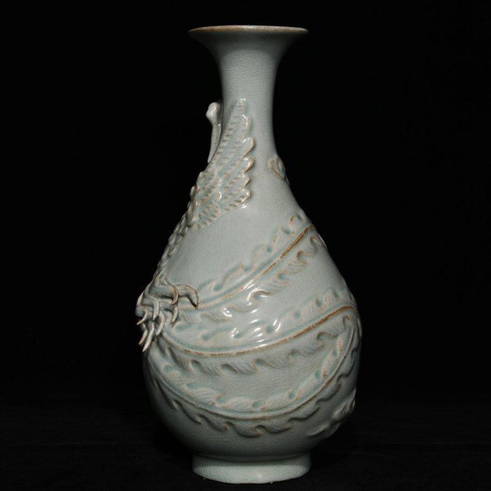 汝窯雕刻龍鳳紋玉壺春瓶，高32.5cm直徑17cm，編號14 瓷器 古瓷 古瓷器
