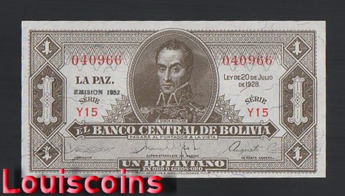 【Louis Coins】B1931-BOLIVIA-1951-52玻利維亞紙幣-1 Bolivianos