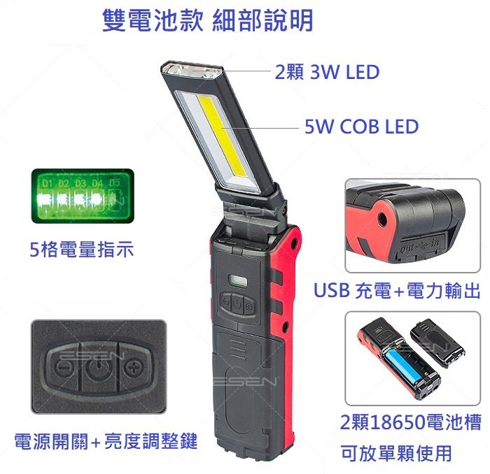 ☆光棧☆ LED COB 磁吸工作燈 雙18650鋰電 磁鐵工作燈 露營燈 手電筒 可吊掛 USB充電 汽車維修燈