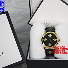 優買二手精品名牌店 GUCCI YA126405 黑 金 蜜蜂 BEE 星 STAR 皮帶 不銹鋼 石英 錶 手錶 全新