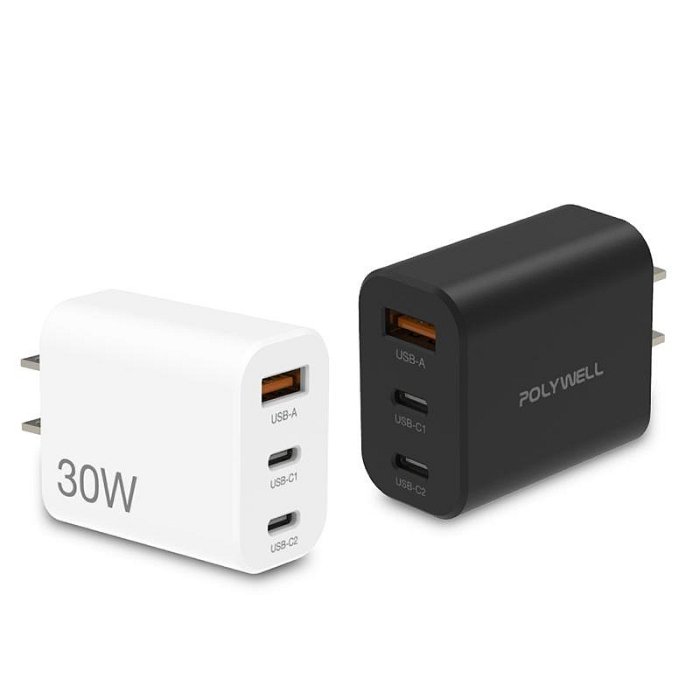 【珍愛頌】寶利威爾 30W三孔PD快充頭 雙USB-C+USB-A充電器 GaN氮化鎵 BSMI認證 POLYWELL