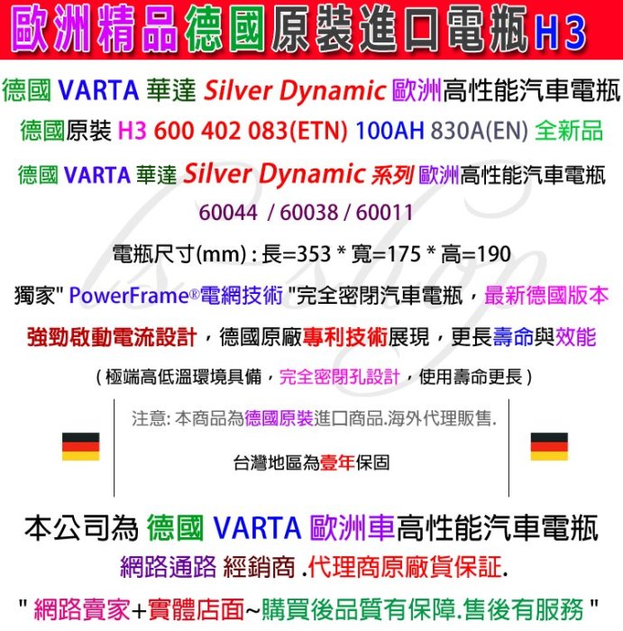 ☆電霸科技☆德國 原廠電瓶 VARTA H3 華達 汽車電池 12V100AH 舊品交換 特價賣場 ROVER BENZ